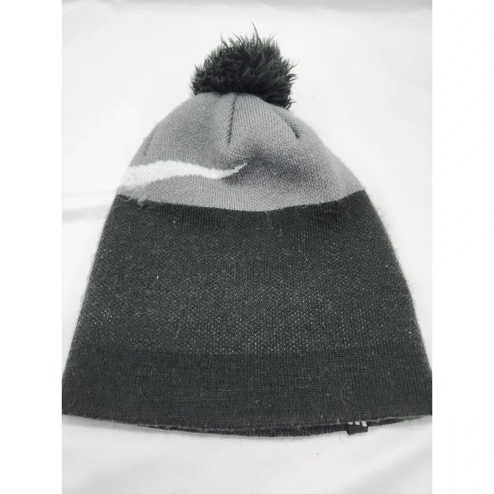 Nike Youth Pom Beanie Hat Black Gray Large Swoosh Knit Winter Acrylic 3D Tag